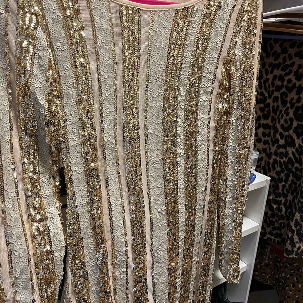 Sequined Gold Stripe Long Sleeve Dress - Elegant Evening Wear